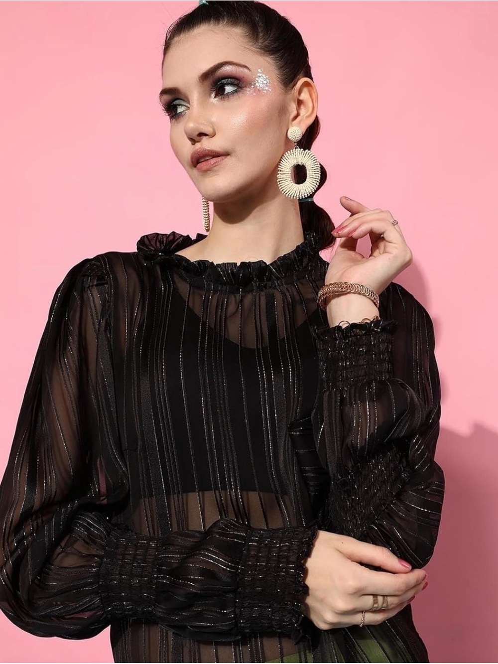 Street9 Black Sheer Metallic Stripe Blouse | Puff Sleeve Top | XXL